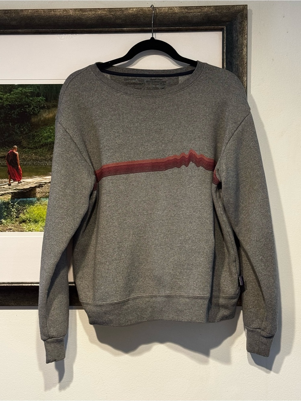 Patagonia Gray Crewneck Sweatshirt with Red Chest Stripe